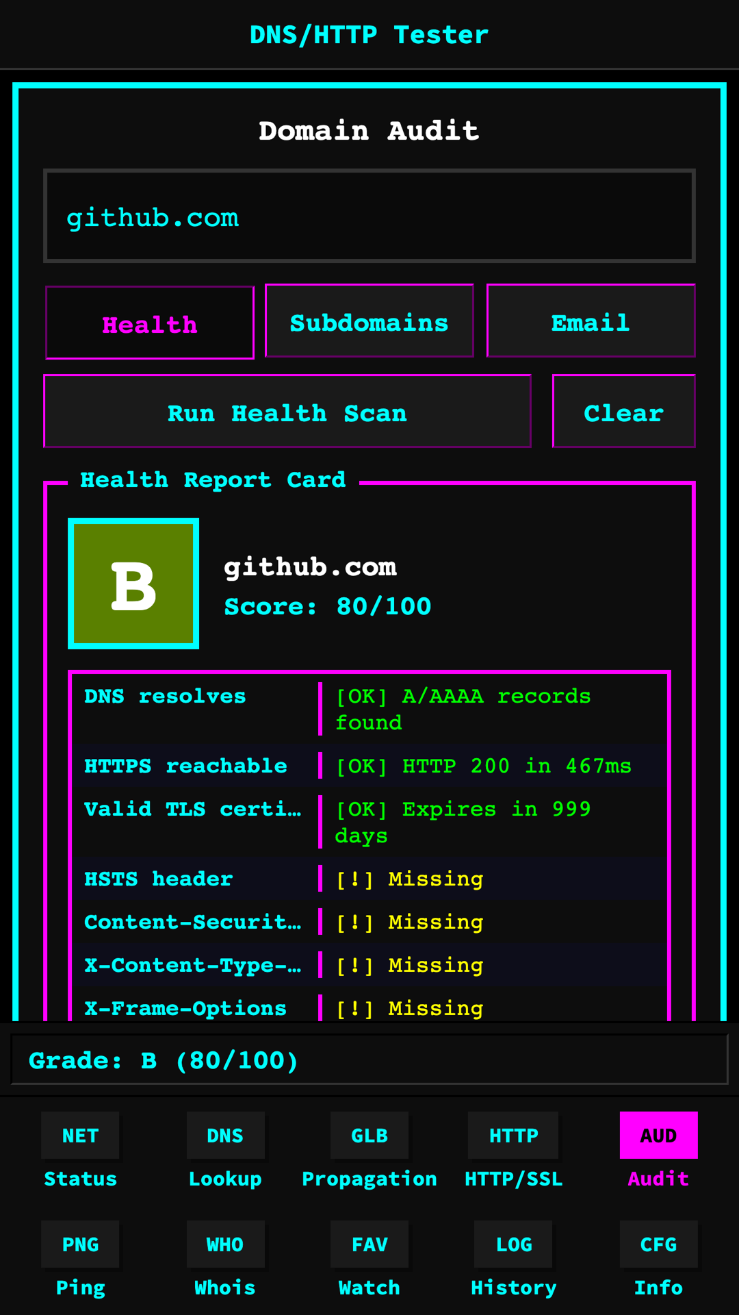 Domain health score screen