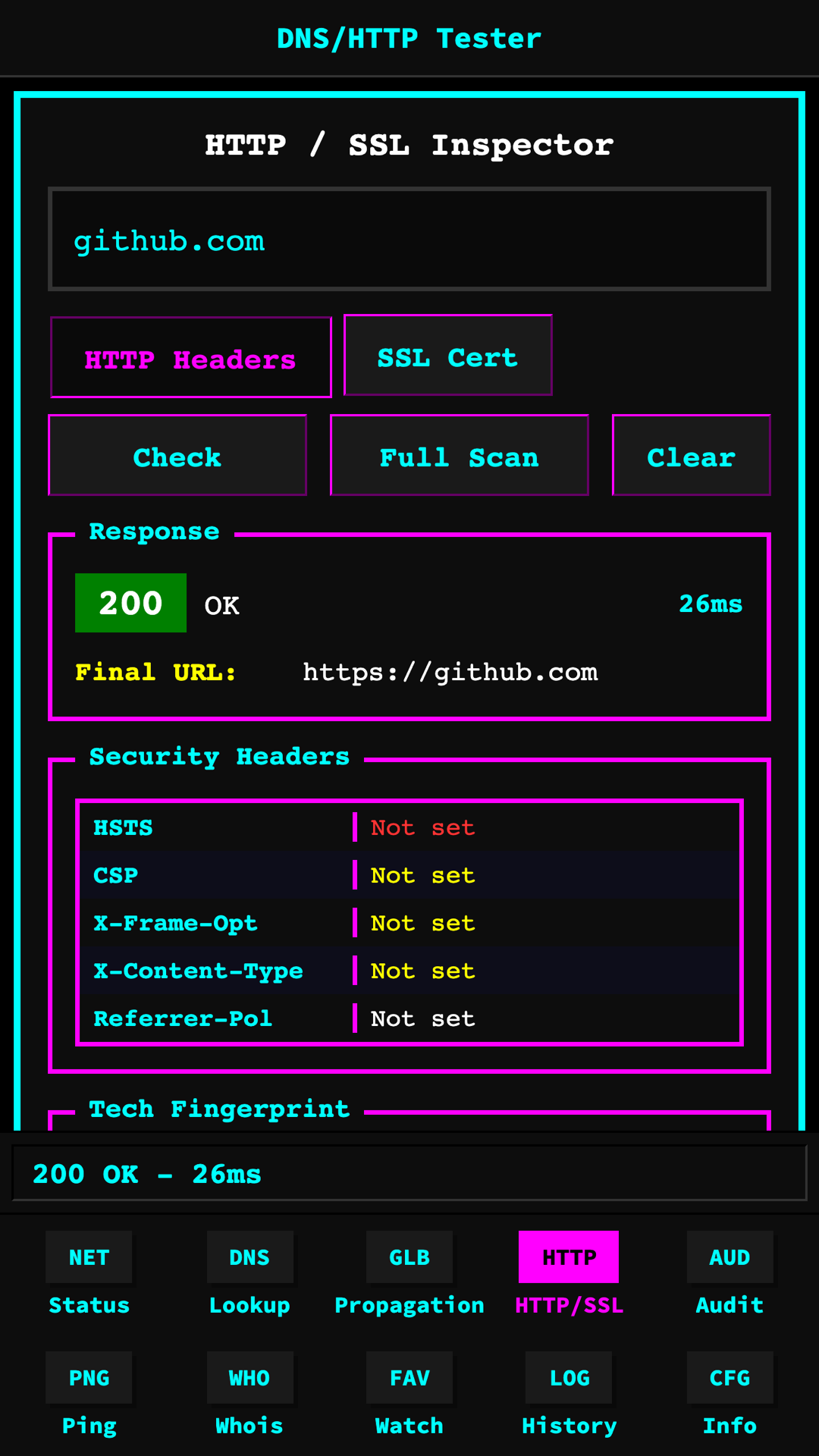 HTTP header & fingerprint screen