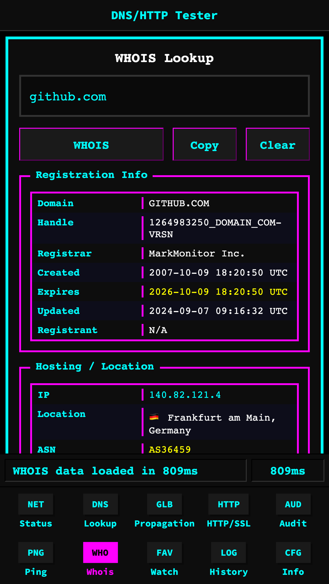 Whois & hosting location screen